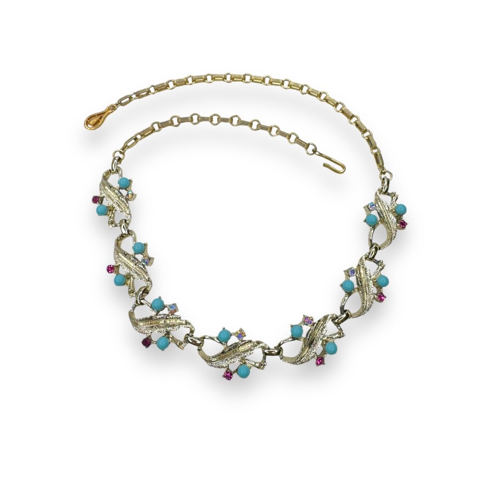 Gold-Tone Necklace Pink Ab Crystals Teal Acrylic Beads 1225-18 Vintage 20$